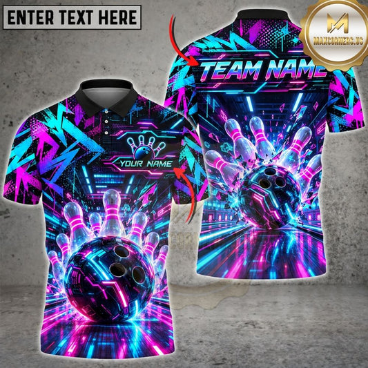 Maxcorners Bowling Cyber Neon Glow Geometric Lines Glowing Pins Strike Artwork Multicolor Customized Name, Team Name 3D Shirts