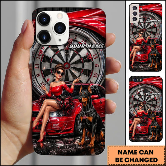 Maxcorners Darts Glamour Woman Red Car Doberman Personalized Name 3D Phone Case