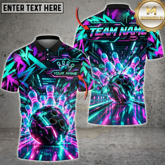 Maxcorners Bowling Cyber Neon Glow Geometric Lines Glowing Pins Strike Artwork Multicolor Customized Name, Team Name 3D Shirts
