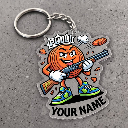 Maxcorners Clay Shooting Funny Cartoon Pull Shotgun Clay Target Customized Name 3D Keychain And Ornament