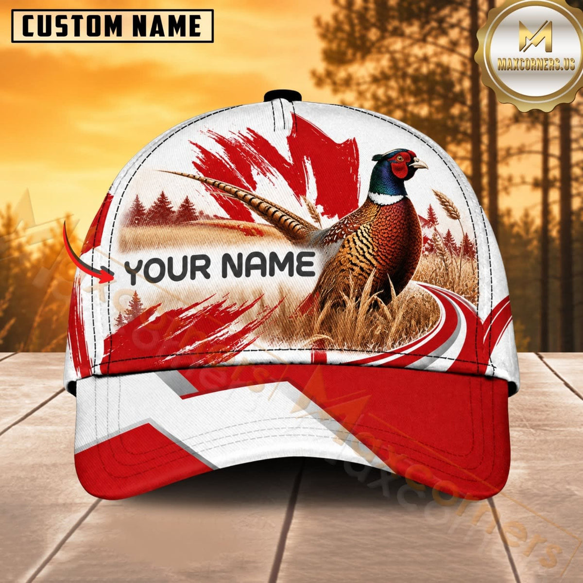 Maxcorners Hunting Wildlife Canadian Maple Leaf Red White Forest Personalized Name 3D Cap