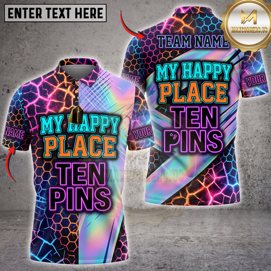 Maxcorners Bowling My Happy Place Ten Pins Neon Geometric Pattern Multicolor Customized Name, Team Name 3D Shirts ( 4 Colors )