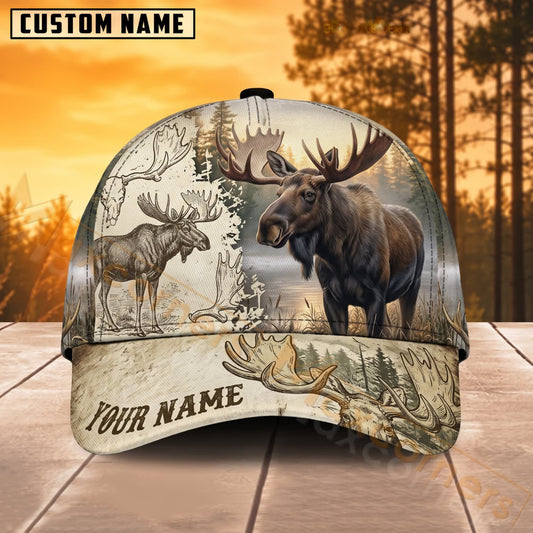 Maxcorners Moose Hunting Vintage Double Moose Sketch Personalized Name 3D Cap