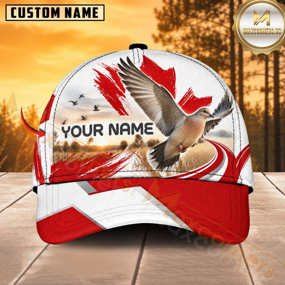Maxcorners Hunting Wildlife Canadian Maple Leaf Red White Forest Personalized Name 3D Cap