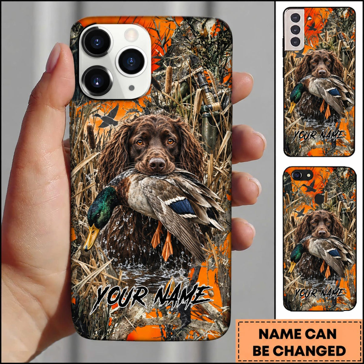 Maxcorners Duck Hunting German Shorthaired Pointer Orange Camo Duck Retrieval Personalized Name 3D Phone Case - Boykin Spaniel