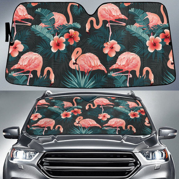 Maxcorners Red Chinese Hibiscus Flower And Flamingo Animal Dark Green Car Sun Shades Cover Auto Windshield