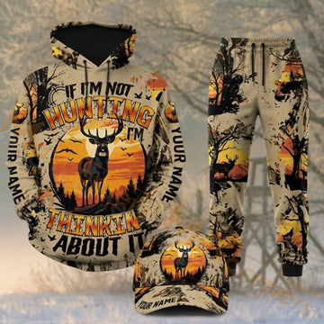 Maxcorners Hunting If I’m Not Hunting I’m Thinking About It Deer Sunset Camo Personalized 3D Combo Hoodie, Sweatpants Set & Cap