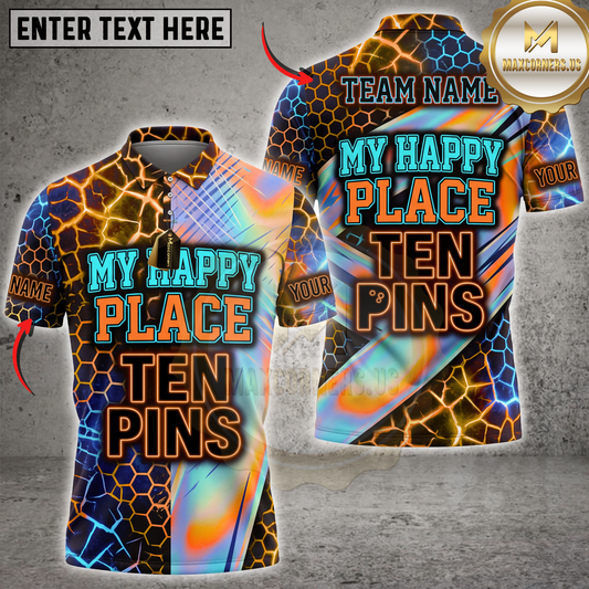 Maxcorners Bowling My Happy Place Ten Pins Neon Geometric Pattern Multicolor Customized Name, Team Name 3D Shirts ( 4 Colors )