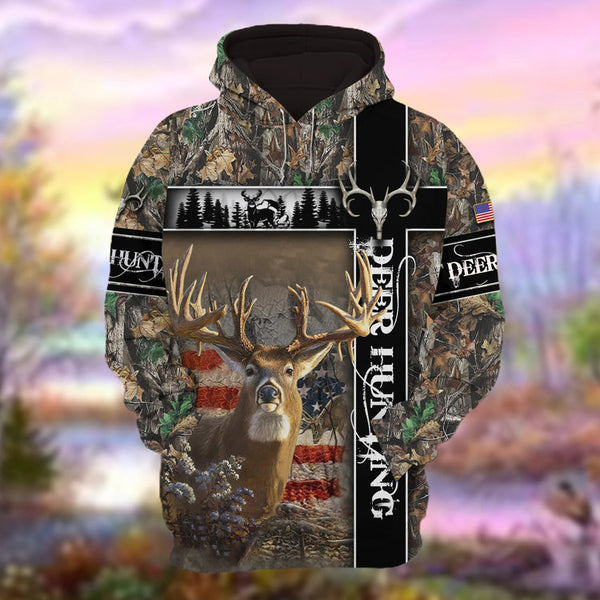 Personalized Deer Hunting Hoodie 3D Pullover Brown American Forest Pattern Deer Hunting Club Uniform