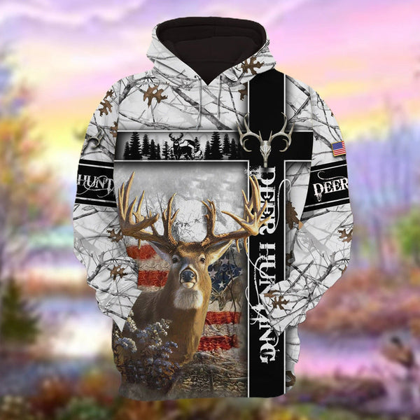 Personalized Deer Hunting Hoodie 3D Pullover White American Forest Pattern Deer Hunting Club Uniform