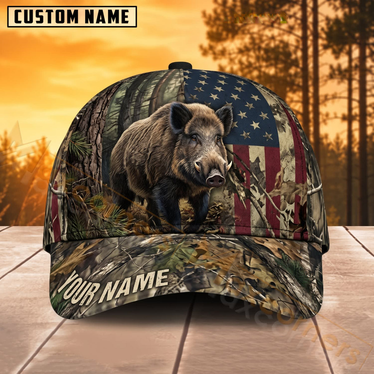 Maxcorners Bear Hunting American Flag Woodland Personalized Name 3D Cap
