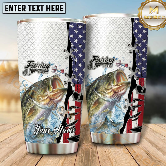 Maxcorners Fishing Tumbler White Patriotic Flag Stripe Design Personalized Name Tumbler (13 Species)