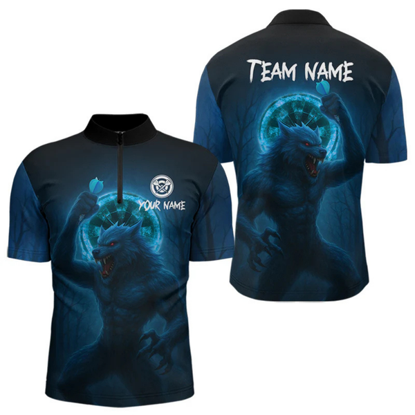 Maxcorners Men's Custom Dart Shirt With Blue Wolf, Red Eyes And Lightning Dartboard LM1605