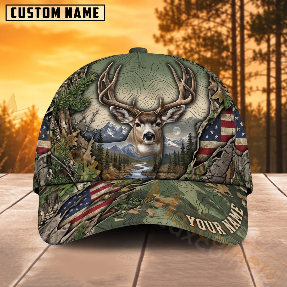 Maxcorners Deer Hunting Buck Skull American Flag Camo Personalized Name 3D Cap