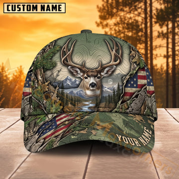 Maxcorners Deer Hunting Buck Skull American Flag Camo Personalized Name 3D Cap