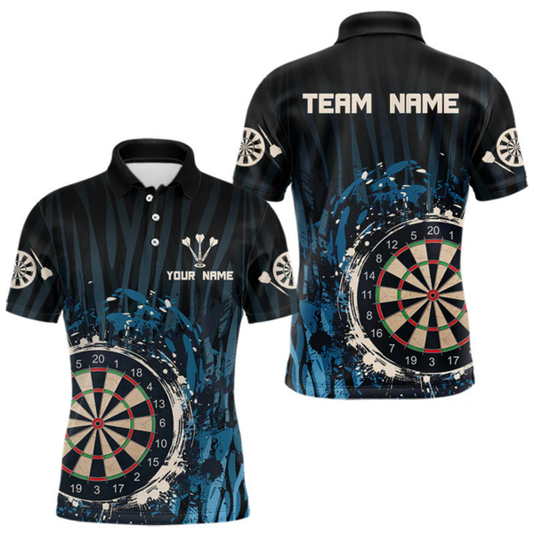 Maxcorners Men’s Custom Darts Team Shirt With Blue Splashed Art, Black Stripes And Dartboard LM1605
