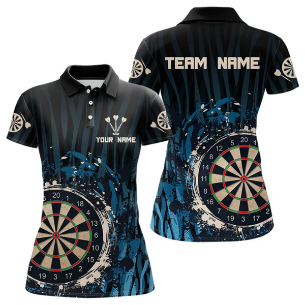 Maxcorners Men’s Custom Darts Team Shirt With Blue Splashed Art, Black Stripes And Dartboard LM1605