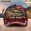 Maxcorners Fishing Graphic Sunset Lake US Flag Waves Customized Name 3D Cap