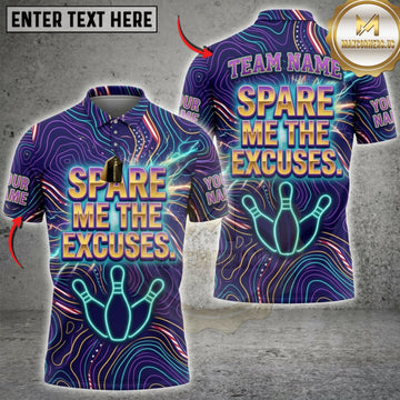 Maxcorners Bowling Blue Neon Spare Me The Excuses Personalized Name 3D Unisex Shirt