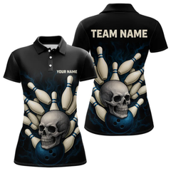 Maxcorners Black and Blue Skull Bowling Ball and Pins Bowling Shirts For Men Custom skull team bowling jerseys LM154