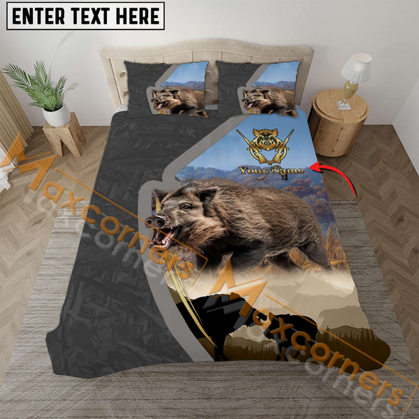 Maxcorners Custom Text Majestic Boar Hunting Grey Leather Pattern Bedding Set 3D All Over Printed