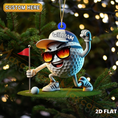 Maxcorners Cool Golf Ball Character Kneeling With Flag Flaming Shades Personalized Name Christmas Ornament 2D Flat