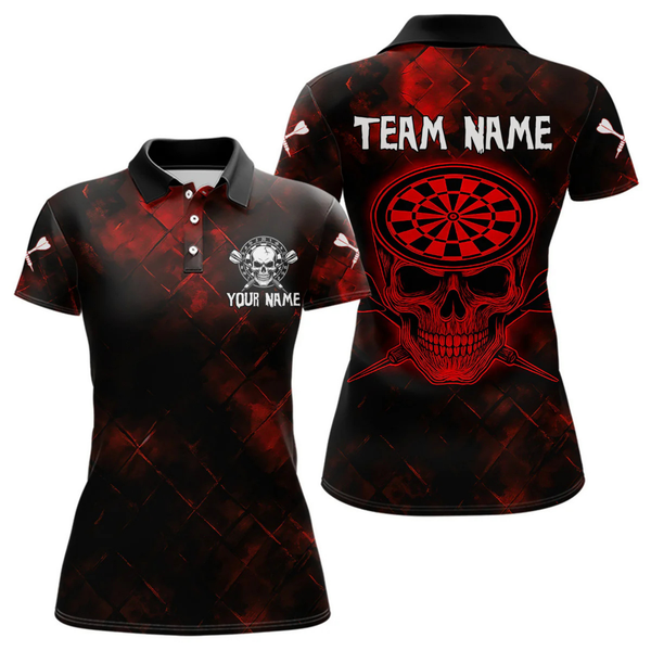 Maxcorners Men's Custom Darts Team Shirt - Skull & Dartboard Graphic With Grunge Red Pattern LM2404