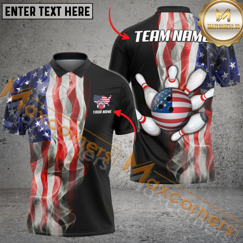 Maxcorners American Smoke Flag Bowling Jersey Personalized Name, Team Name 3D Shirt