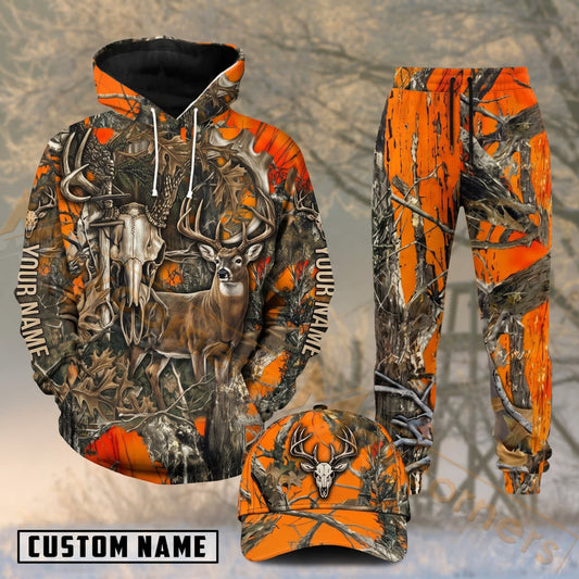 Maxcorners Hunting Whitetail Deer Antler Woodland Blaze Orange Camo Personalized 3D Combo Hoodie, Sweatpants Set & Cap