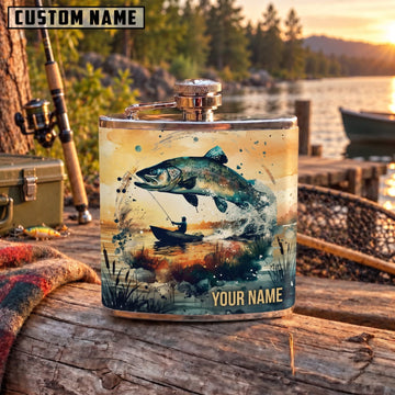 Maxcorners Fishing Jumping Fish Coastal Sunset Personalized Name 3D Hip Flask
