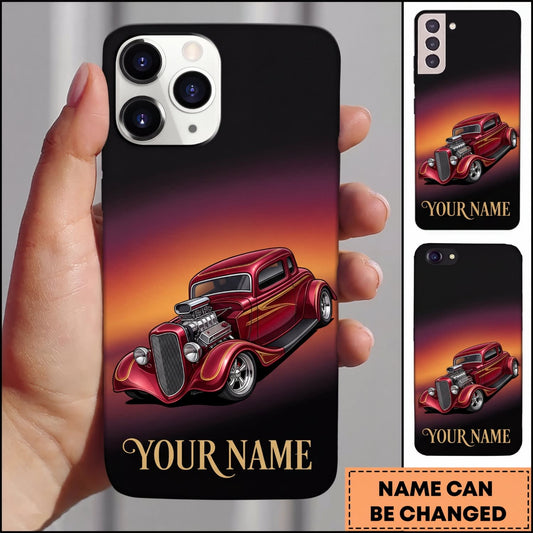 Maxcorners Hot Rod Red Vintage Car with Sunset Gradient Personalized Name 3D Phone Case
