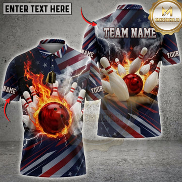 Maxcorners Bowling American Flag Flaming Bowling Ball And Flying Pins Personalized Name 3D Unisex Shirt