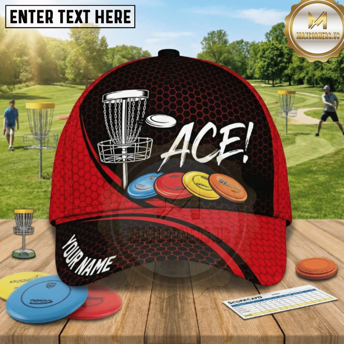 (8 Colors) Maxcorners Disc Golf ACE Chain Basket & Flying Discs Personalized Name 3D Cap LM3009