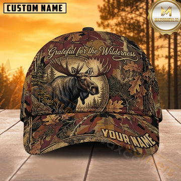 Maxcorners Moose Hunting Bull Moose Grateful for the Wilderness Rustic Autumn Camo Customized Name 3D Cap