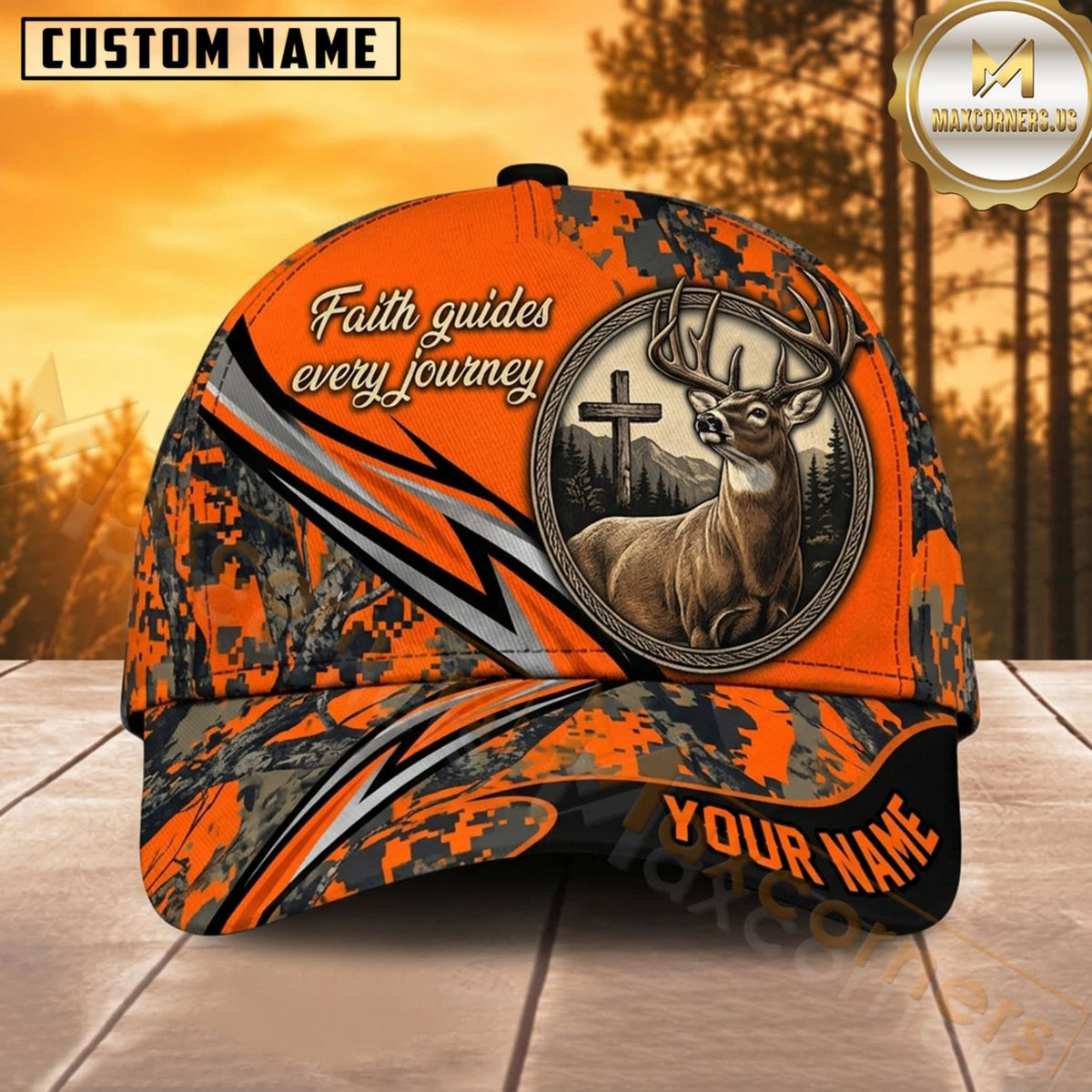 Maxcorners Deer Hunting Whitetail Deer Skull Orange Lightning Cross Camo Customized Name 3D Cap