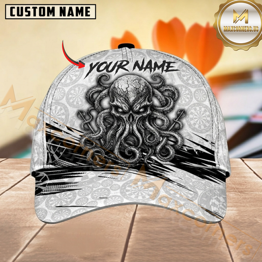 Maxcorners Darts Skull Octopus Black White Grunge Personalized Name 3D Cap