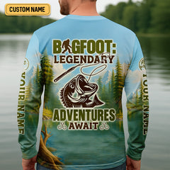 Maxcorners Bigfoot Legendary Adventures Await Bass Fishing Shirt, Funny Fishing Shirt, Presents For Fishermen