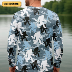 Maxcorners Bigfoot Blue Camo Fishing SPF Shirts, Bassquatch Fishing Shirts, Fishing Shirts For Men, Funny Fisherman Gift