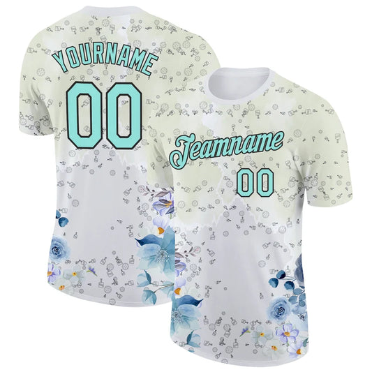 Maxcorners Pickleball Paddle Ball Mint Aqua Blue Floral Corner Bouquet Personalized Name 3D Unisex Shirt