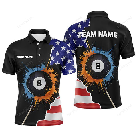 Maxcorners 8 Ball Billiard Watercolor American Flag Personalized Name 3D Shirt