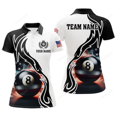 Maxcorners 3D 8 Ball Pool Smoke US Flag Personalized Women Billiard Polo Shirts