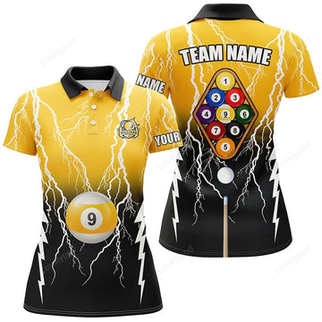 Maxcorners Custom Black Yellow 9 Ball Pool Thunder Billiard Polo Shirts For Women