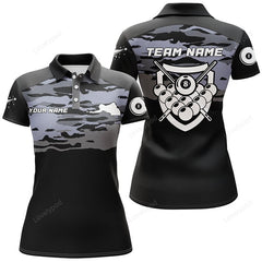 Maxcorners Personalized Silver Lighting 8 Ball Black Billiard Polo Shirts For Women