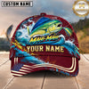 Maxcorners Fishing Graphic Sunset Lake US Flag Waves Customized Name 3D Cap