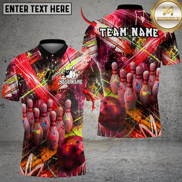 Maxcorners Bowling And Pins Neon Paint Burst Customized Name, Team Name 3D Shirt (4 Colors)