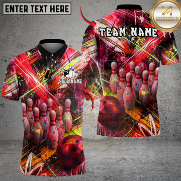 Maxcorners Bowling And Pins Neon Paint Burst Customized Name, Team Name 3D Shirt (4 Colors)