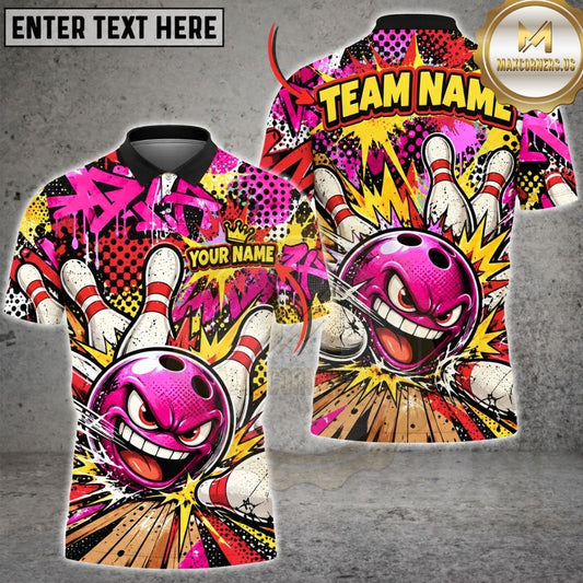 Maxcorners Bowling Comic Pop Art Cartoon Evil Ball Pins Explosion Artwork Multicolor Customized Name, Team Name 3D Shirts