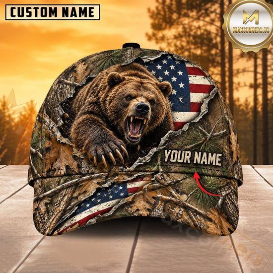 Maxcorners Hunting Wildlife Woodland Camo Torn American Flag Personalized Name 3D Cap