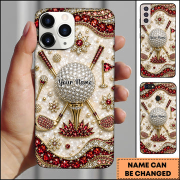 Maxcorners Golf Royal Jewelry Rhinestone Wavy Border Pattern Red Personalized Phone Case