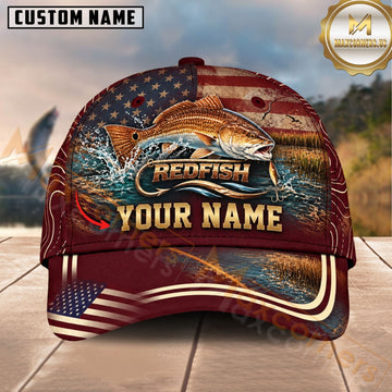 Maxcorners Fishing Graphic Sunset Lake US Flag Waves Customized Name 3D Cap